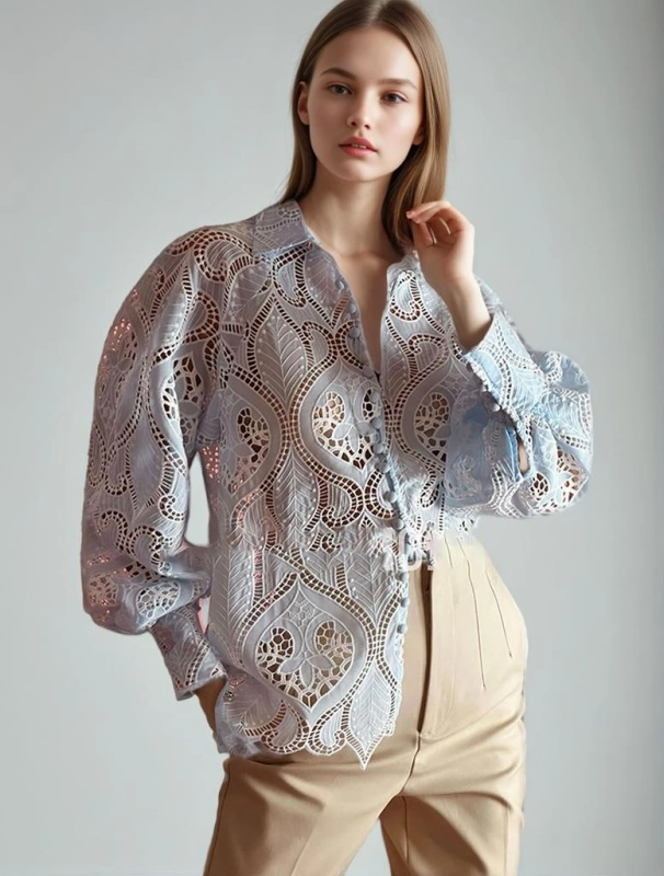 Embroidered Hollow Single Breasted Bubble Sleeve Shirt Top