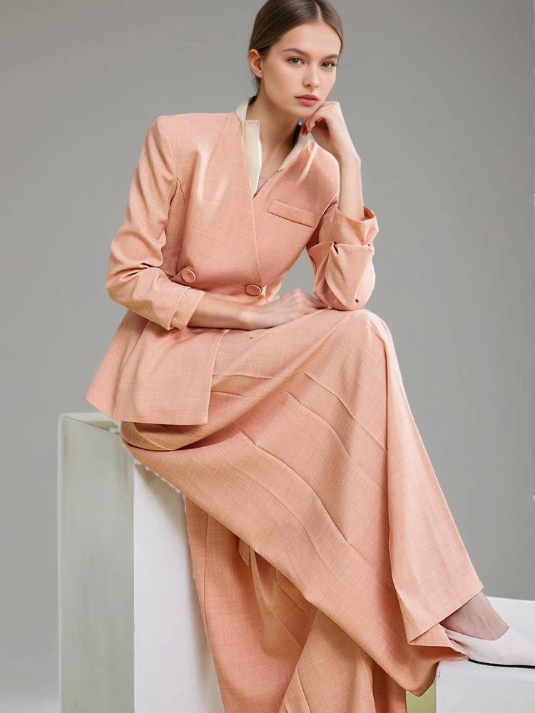 High Waist Straight Pant  Belt  Coat Two Piece Sets