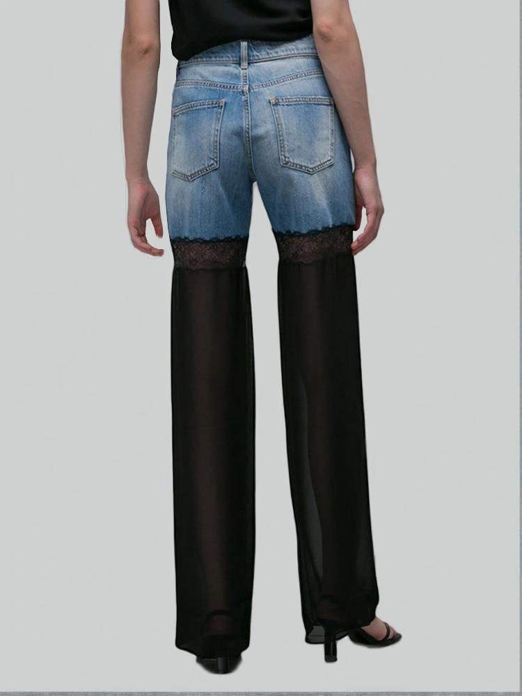 High Waist Lace Patchwork Denim Sexy Wide Leg  Pant