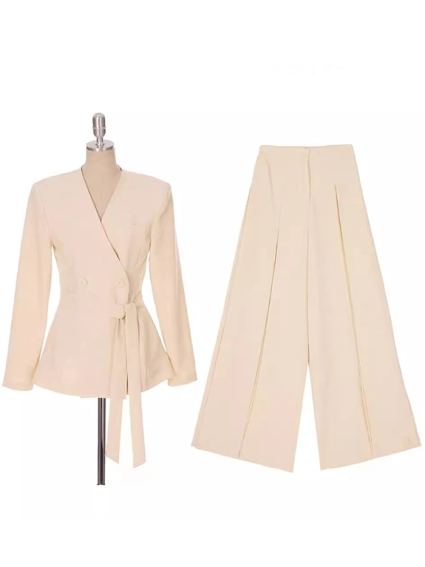 High Waist Straight Pant  Belt  Coat Two Piece Sets