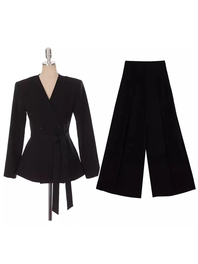 High Waist Straight Pant  Belt  Coat Two Piece Sets