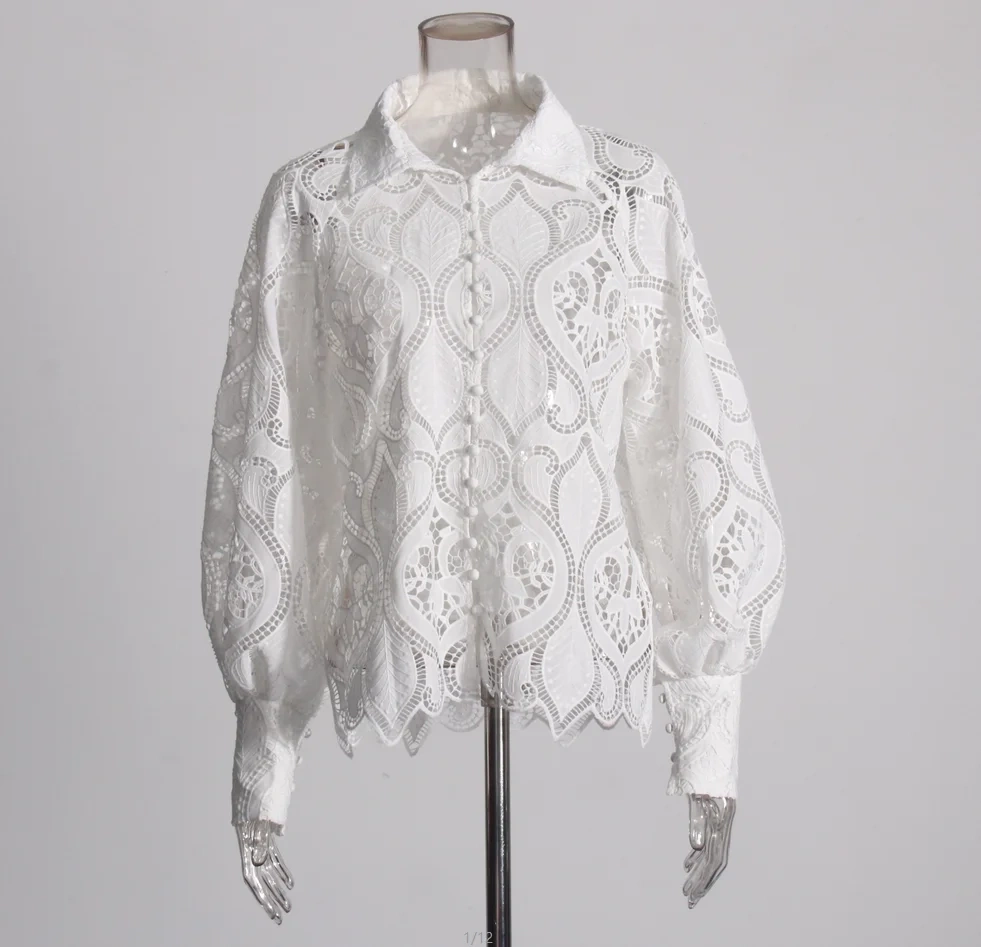 Embroidered Hollow Single Breasted Bubble Sleeve Shirt Top