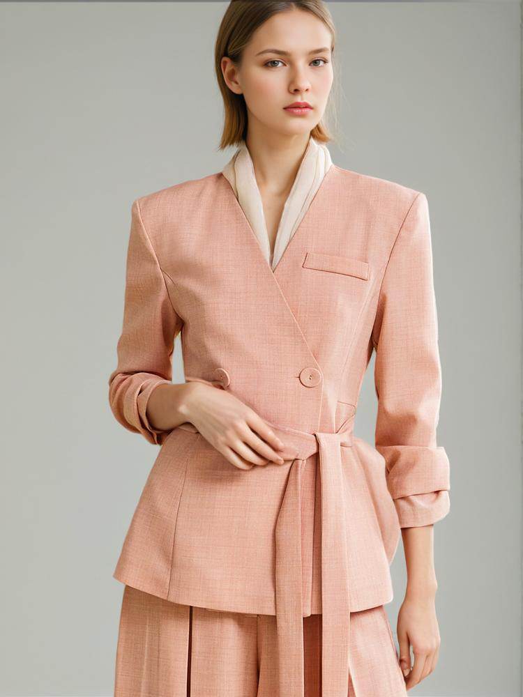 High Waist Straight Pant  Belt  Coat Two Piece Sets