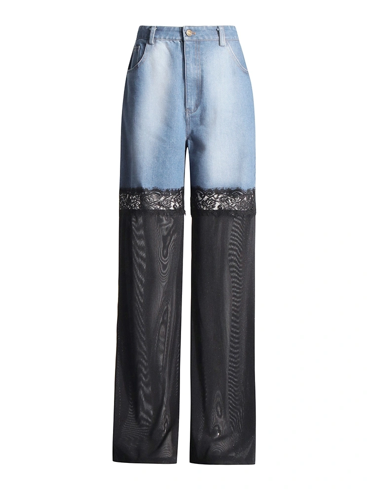 High Waist Lace Patchwork Denim Sexy Wide Leg  Pant
