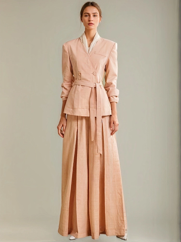 High Waist Straight Pant  Belt  Coat Two Piece Sets