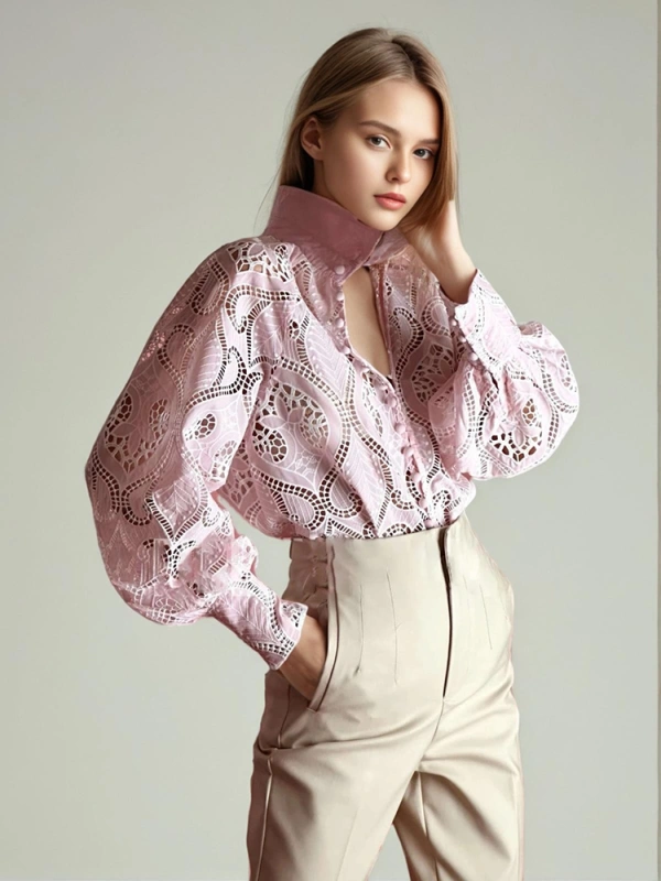 Embroidered Hollow Single Breasted Bubble Sleeve Shirt Top