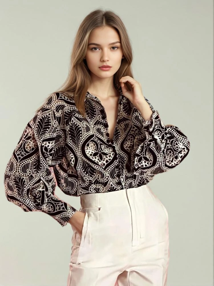 Embroidered Hollow Single Breasted Bubble Sleeve Shirt Top