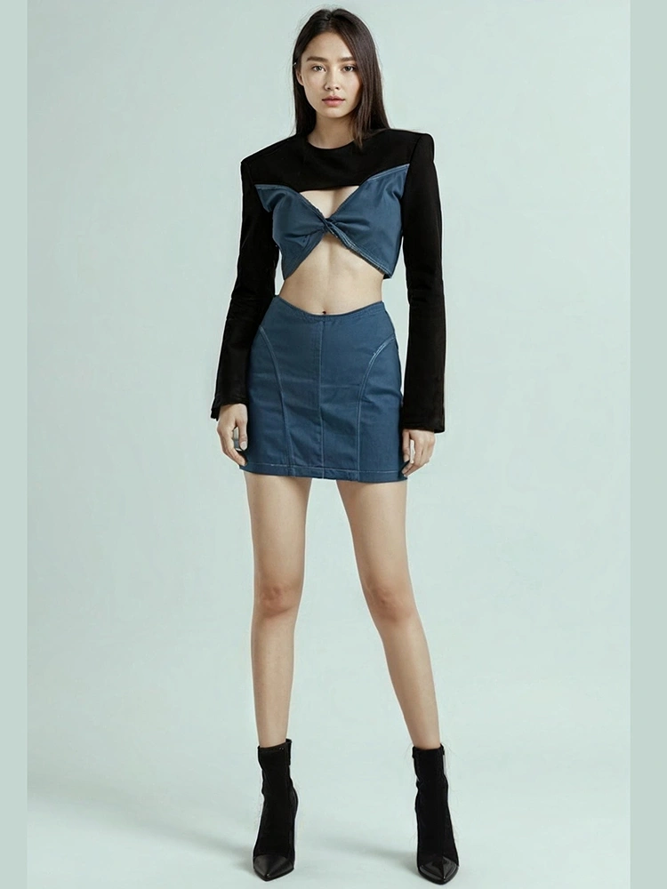 Knot Hollow Patchwork Exposed Waist High Waist Skirt Two Piece Set