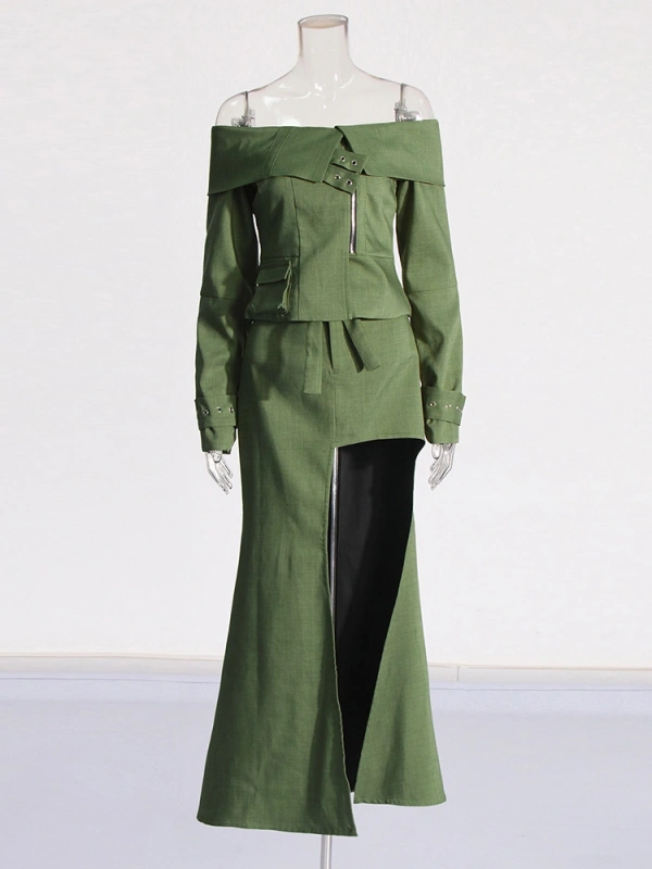 One Shoulder Irregular Jacket High Waist Split Skirt Two Piece Set