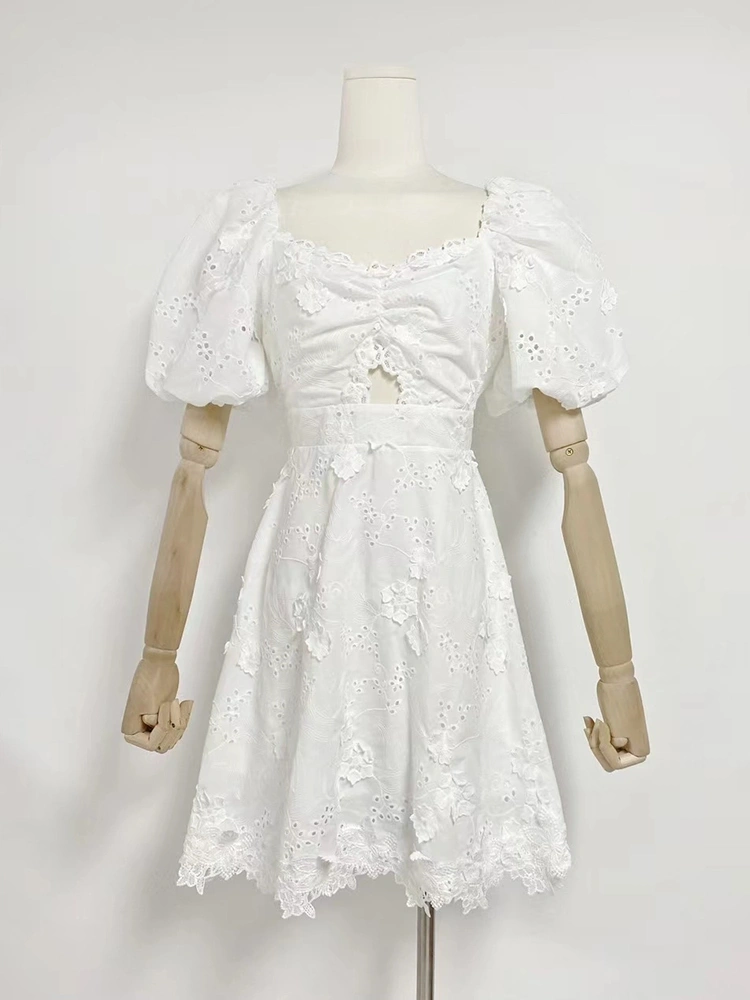 Embroidered Flower Hollow Bubble Sleeve Dress