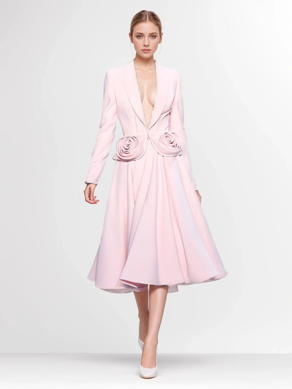 Pink Rose Cut Deep V neck Bomber Blazer With Pleated Skirt Two Piece Set