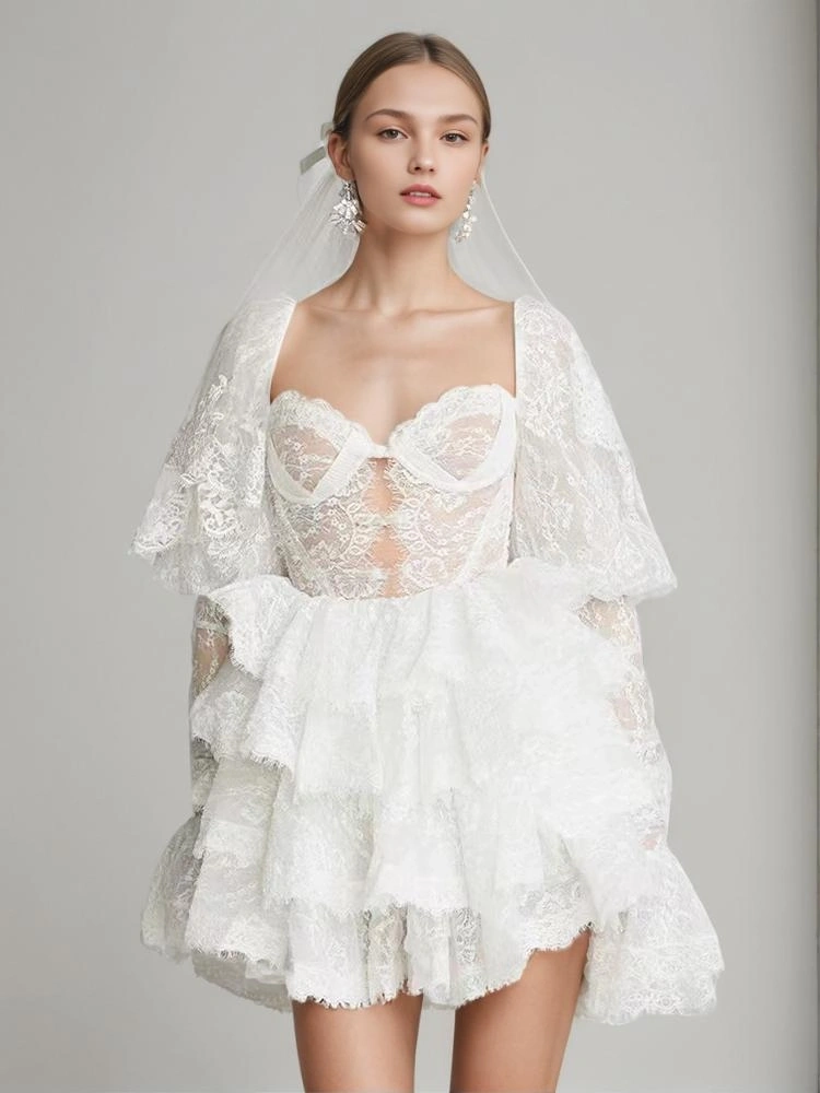 Strapless Embroidered Lotus Leaf Dress