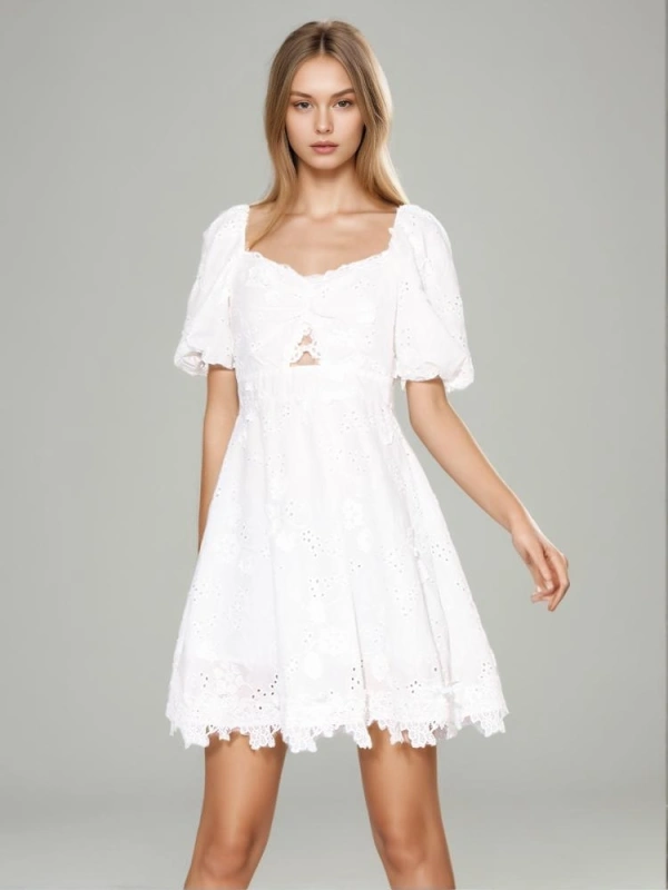 Embroidered Flower Hollow Bubble Sleeve Dress