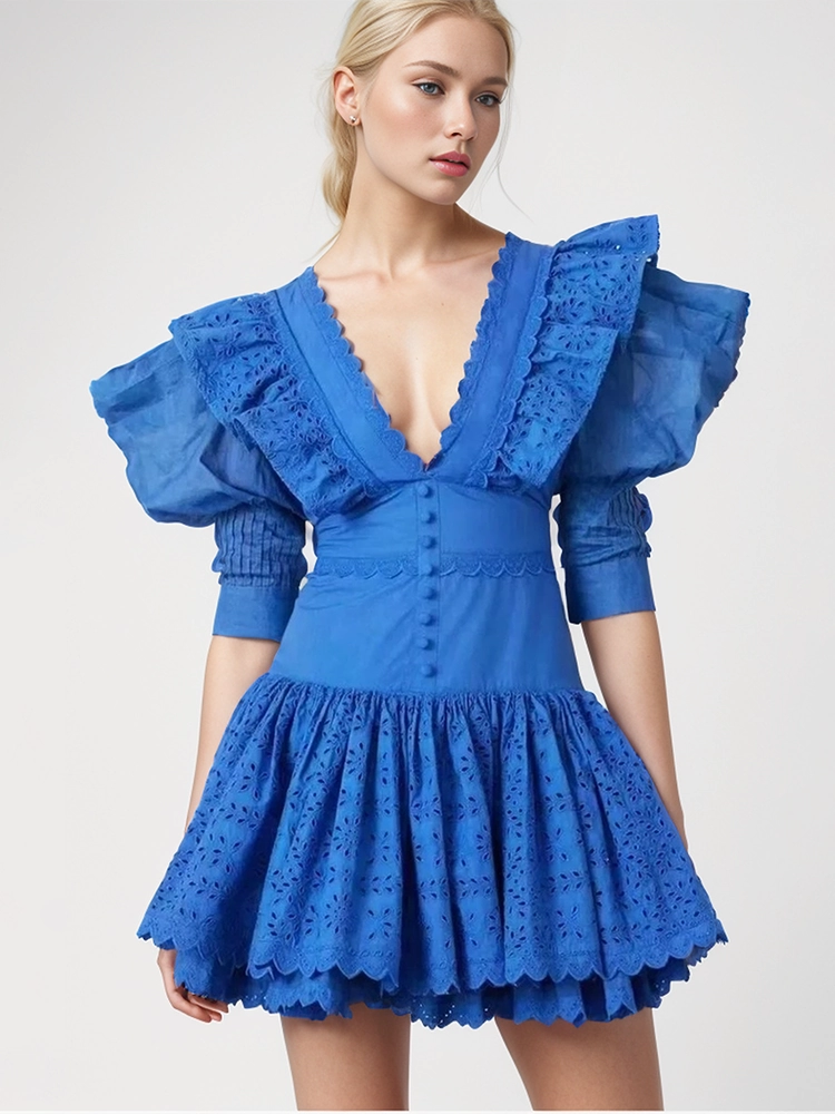 V-Neck Short Sleeve Lace Mini Dress