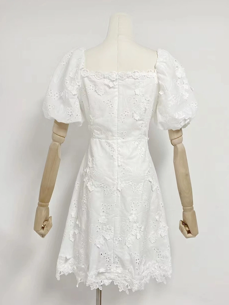 Embroidered Flower Hollow Bubble Sleeve Dress