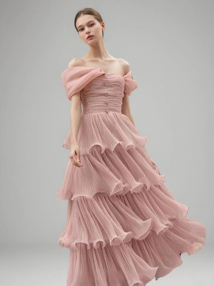 Mesh One Shoulder Pink Strapless Party Dresses