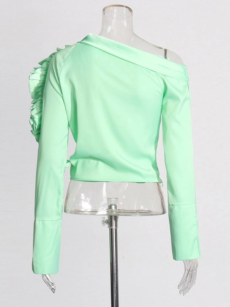 Diagonal Collar Ruffle Long Sleeve Shirt
