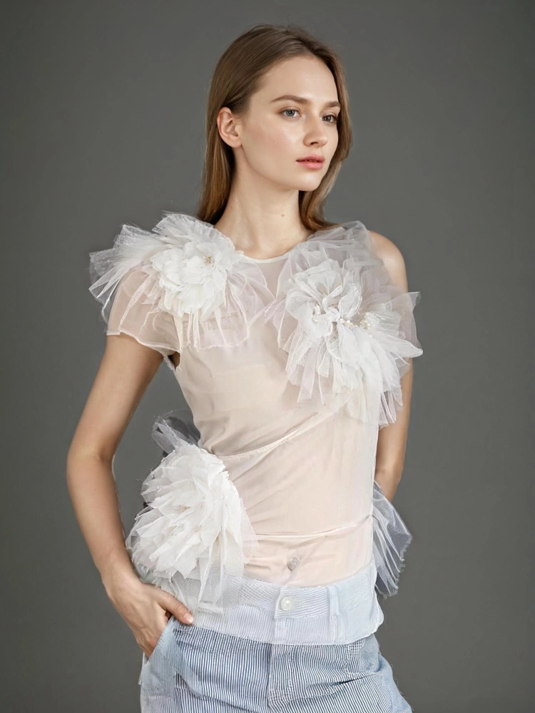 Flower Decorated Slim Mesh Vest