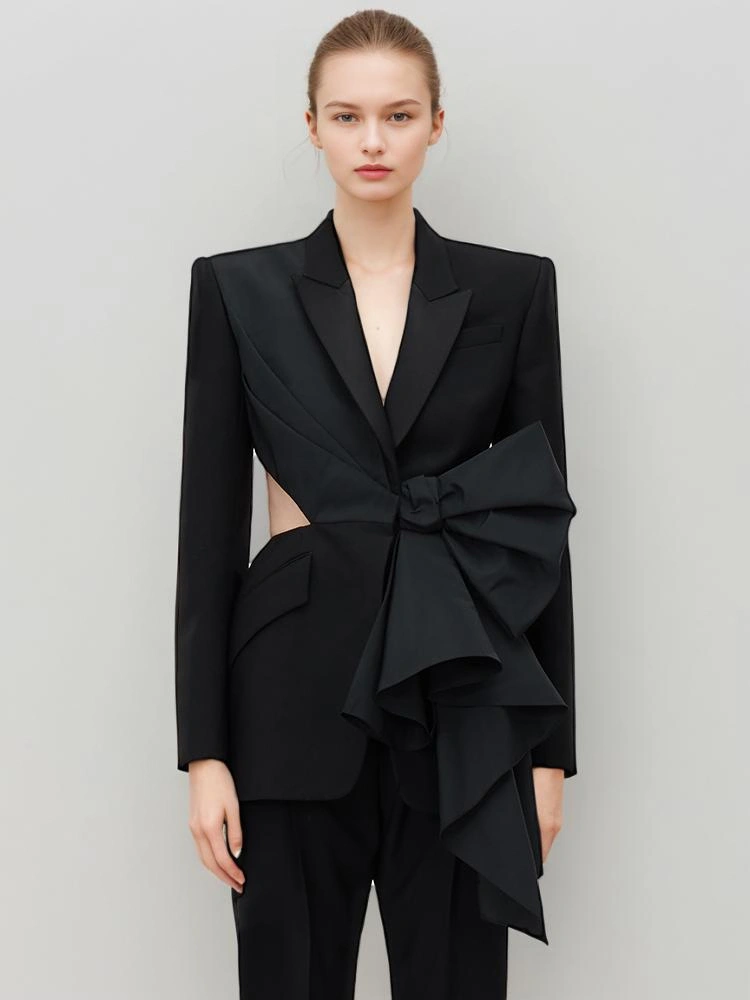 V Neck Bow Patchwork Suit Blazer