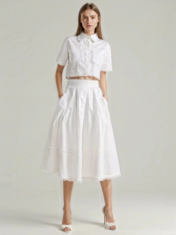 TWOTWINSTYLE Lapel  Two Piece Sets Short Sleeve Tops With A line Skirt