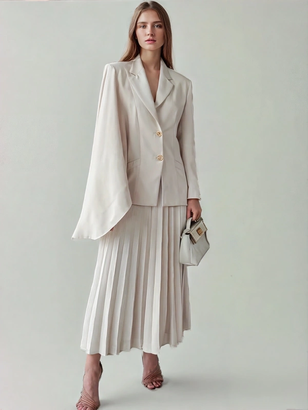 Irregular Sleeve  Blazer Pleated Skirt Two Piece