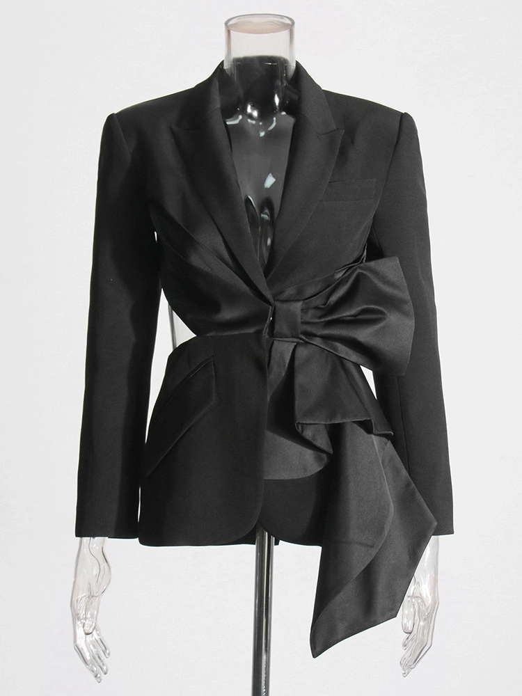 V Neck Bow Patchwork Suit Blazer