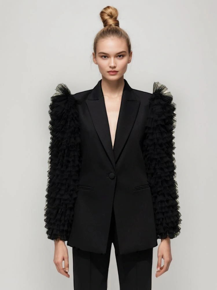 V Neck Long Sleeve Pleated Mesh Suit Bazer