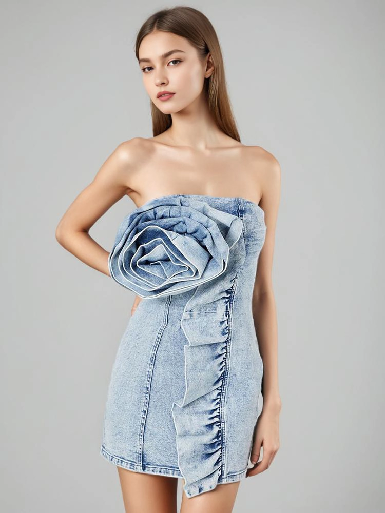 Sexy Solid Color Ruched Flowers U Neck Sleeveless Regular Denim Dresses main image 1