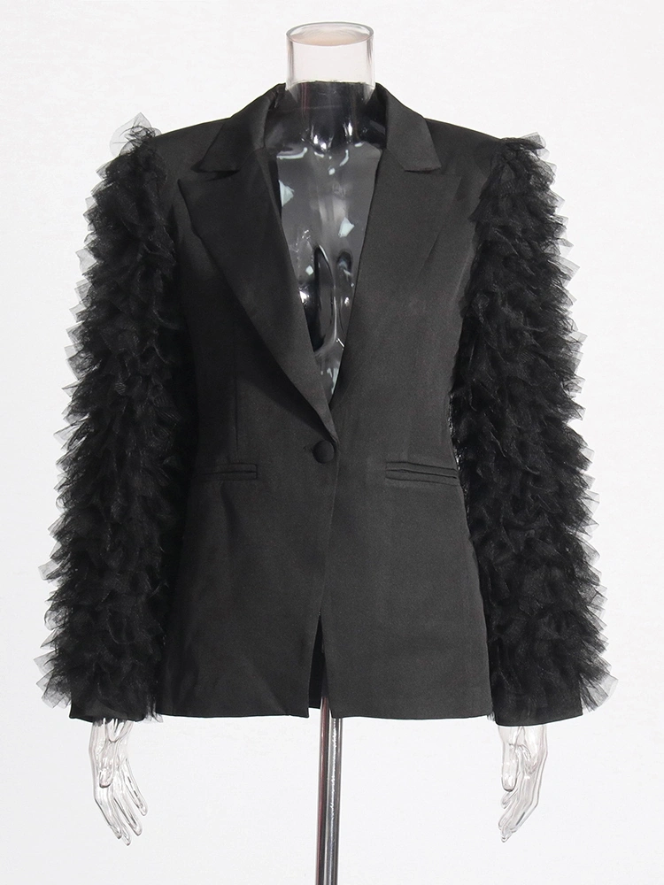 V Neck Long Sleeve Pleated Mesh Suit Bazer