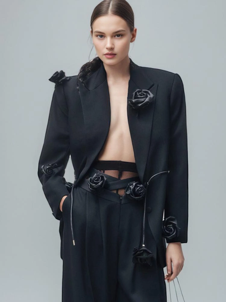 Rose Belt  Loose  Bazer Pant Two Piece Set