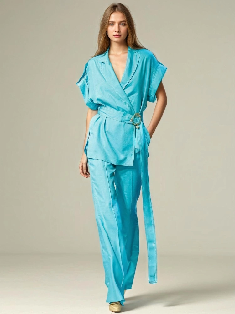V Neck Tie Waist Short Sleeve High Waist Two Piece Set