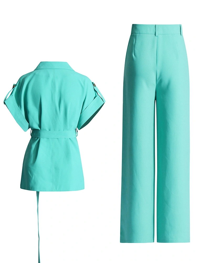 V Neck Tie Waist Short Sleeve High Waist Two Piece Set