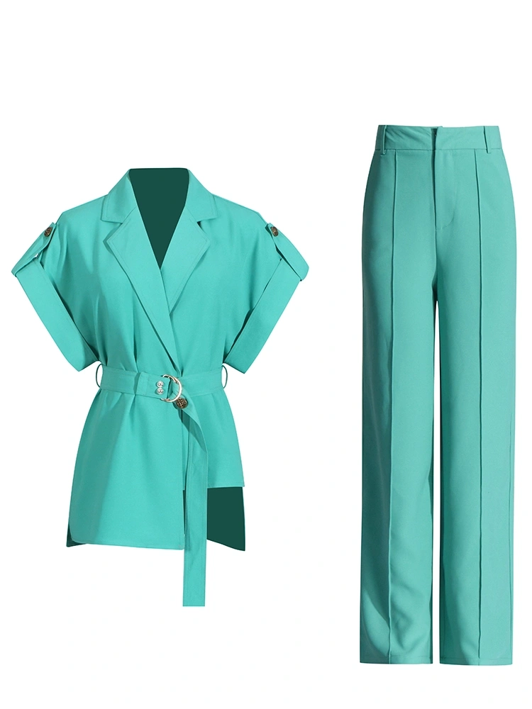 V Neck Tie Waist Short Sleeve High Waist Two Piece Set