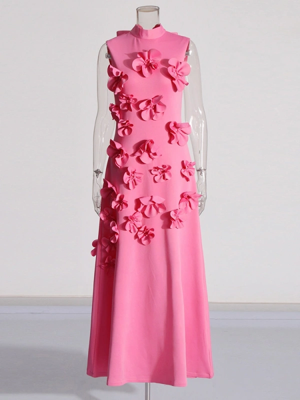 TWOTWINSTYLE Flower High Neckline Design  Sleevelss  Maxi Dress