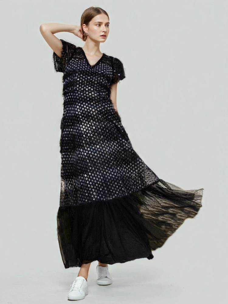 TWOTWINSTYLE Lace Mesh V Neck Formal Maxi Dress
