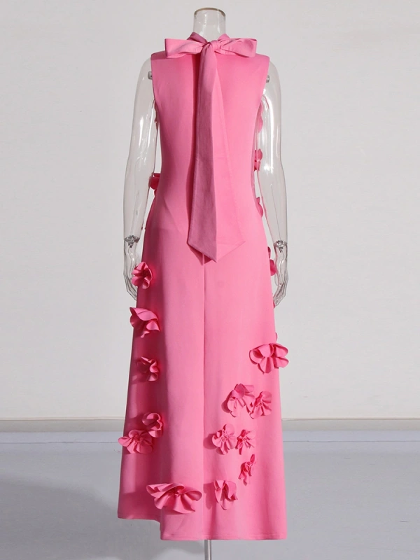 TWOTWINSTYLE Flower High Neckline Design  Sleevelss  Maxi Dress