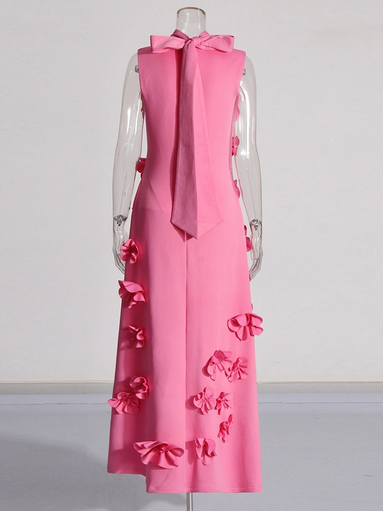 TWOTWINSTYLE Flower High Neckline Design  Sleevelss  Maxi Dress