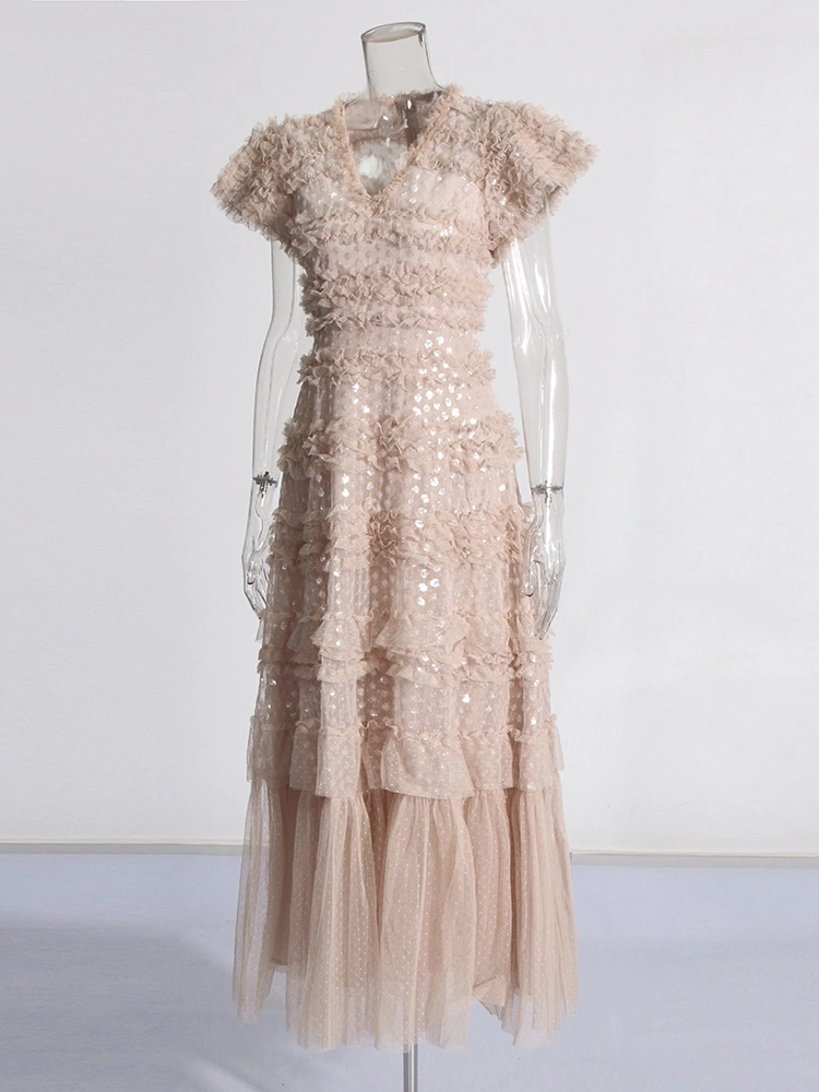 TWOTWINSTYLE Lace Mesh V Neck Formal Maxi Dress