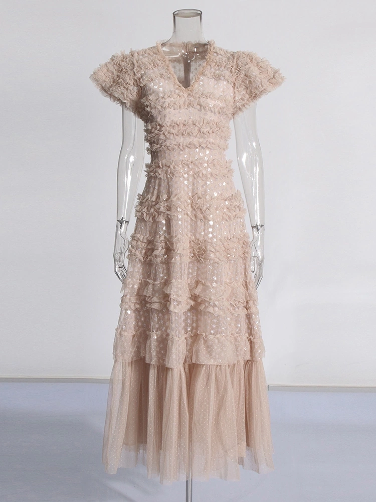 TWOTWINSTYLE Lace Mesh V Neck Formal Maxi Dress