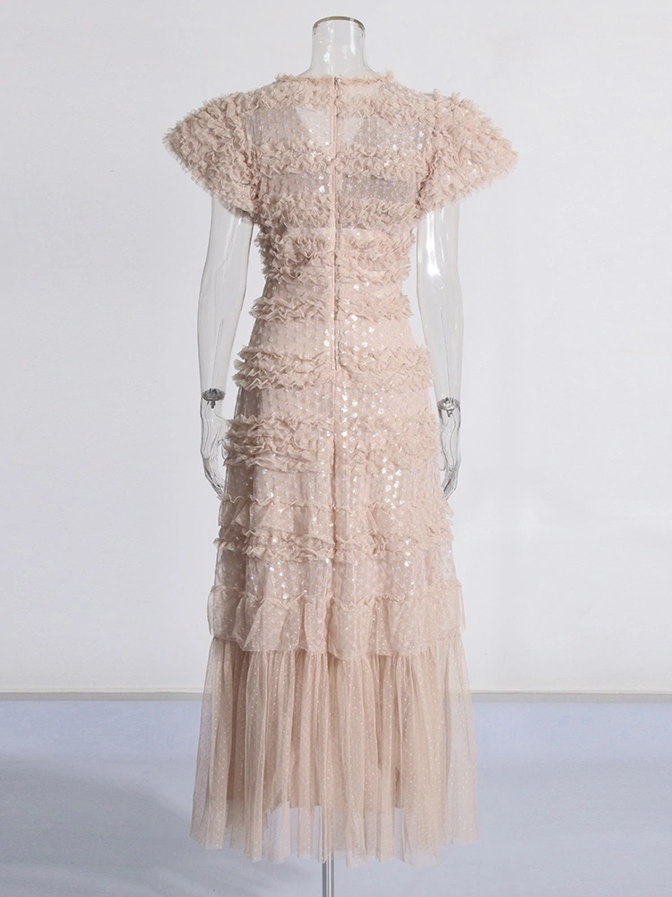 TWOTWINSTYLE Lace Mesh V Neck Formal Maxi Dress