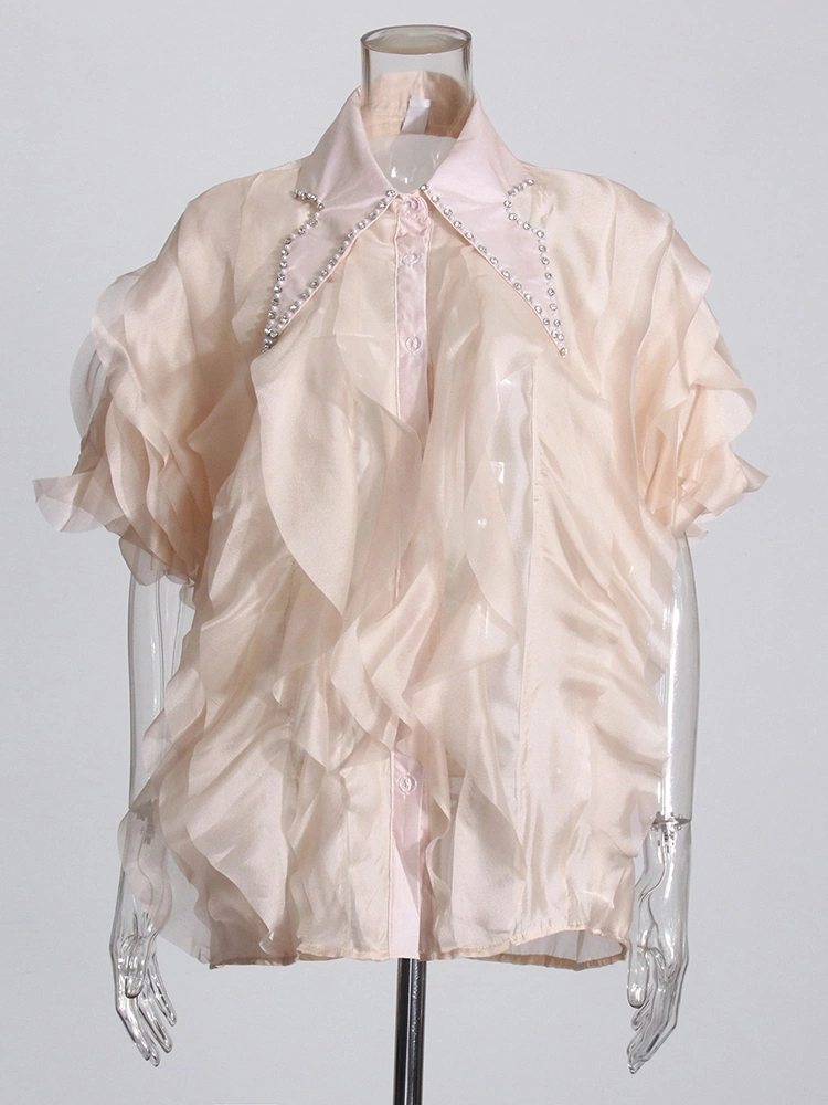 TWOTWINSTYLE Flip Collar Diamonds Layer Ruffle Shirt