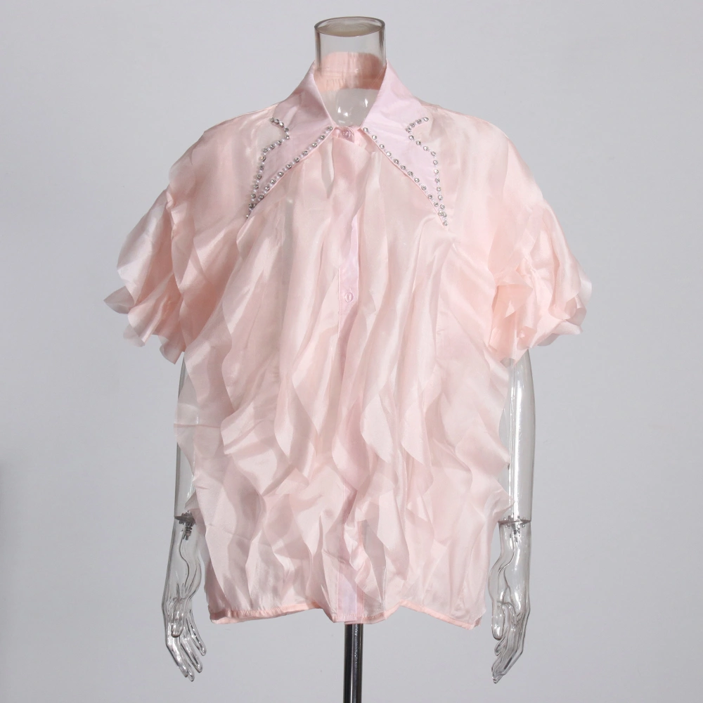TWOTWINSTYLE Flip Collar Diamonds Layer Ruffle Shirt