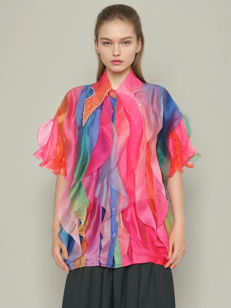 TWOTWINSTYLE Flip Collar Diamonds Layer Ruffle Shirt