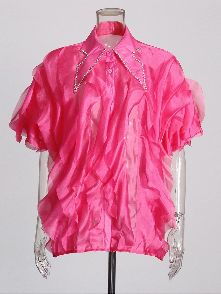 TWOTWINSTYLE Flip Collar Diamonds Layer Ruffle Shirt