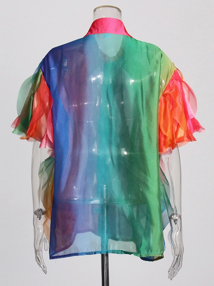 TWOTWINSTYLE Flip Collar Diamonds Layer Ruffle Shirt