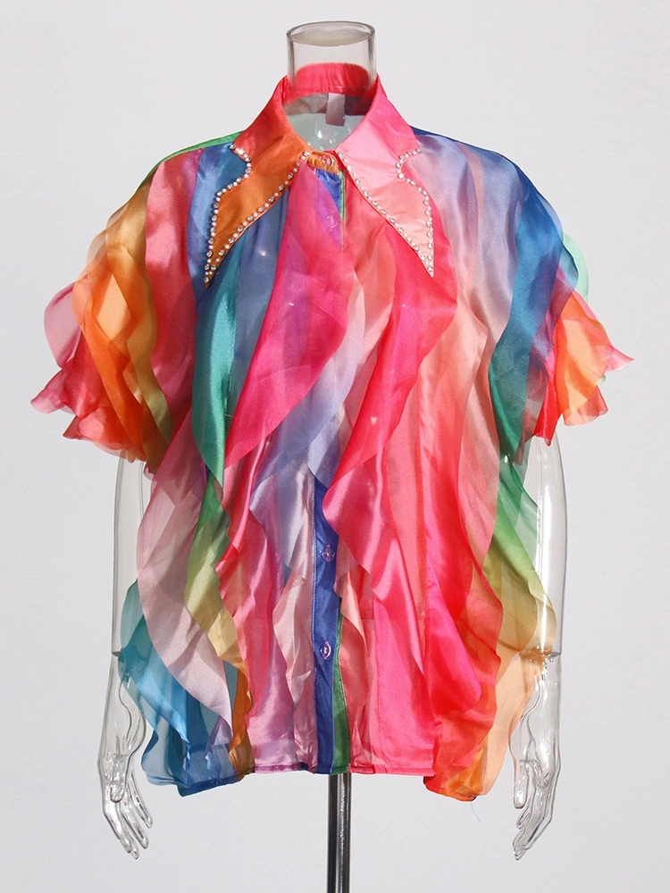TWOTWINSTYLE Flip Collar Diamonds Layer Ruffle Shirt