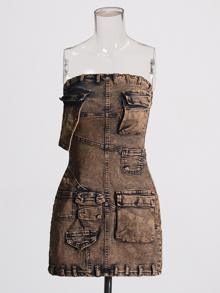 TWOTWINMSTYLE  Pocket Denim Strapless Dress