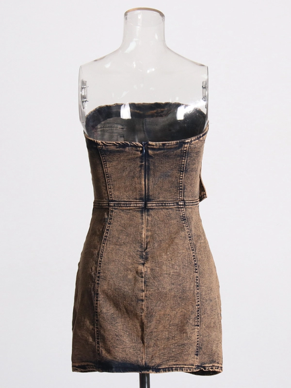 TWOTWINMSTYLE  Pocket Denim Strapless Dress