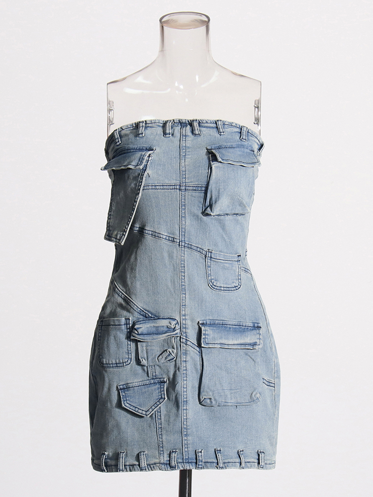 TWOTWINMSTYLE  Pocket Denim Strapless Dress