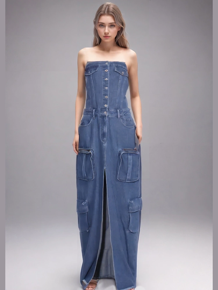 Denim Strapless Back Split Maxi Dresses